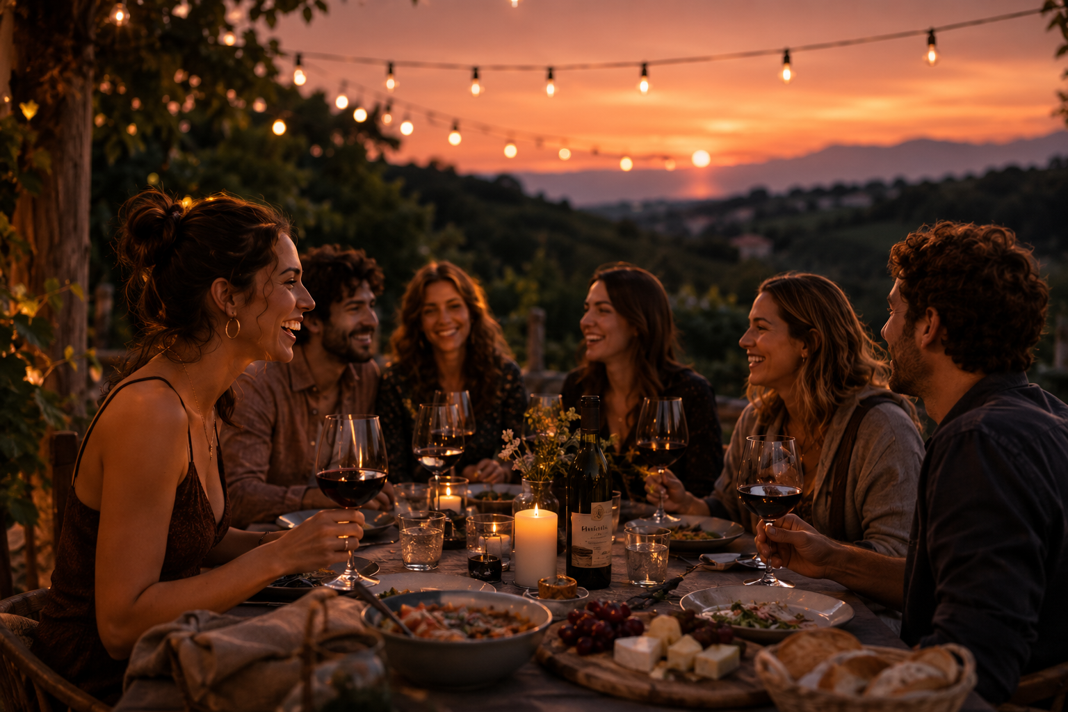 Amis qui trinquent au vin lors d'un dîner aux bougies